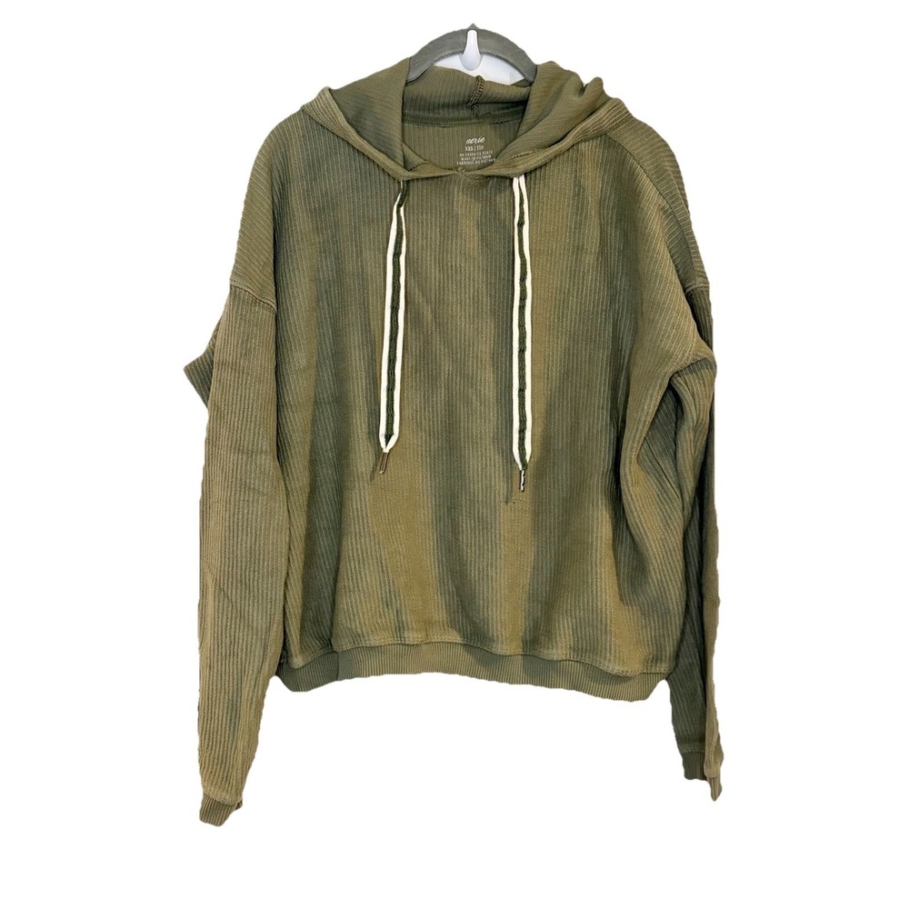 Aerie Ribbed Cropped Hoodie Green Long Sleeve Drawstring Lounge Size XXS